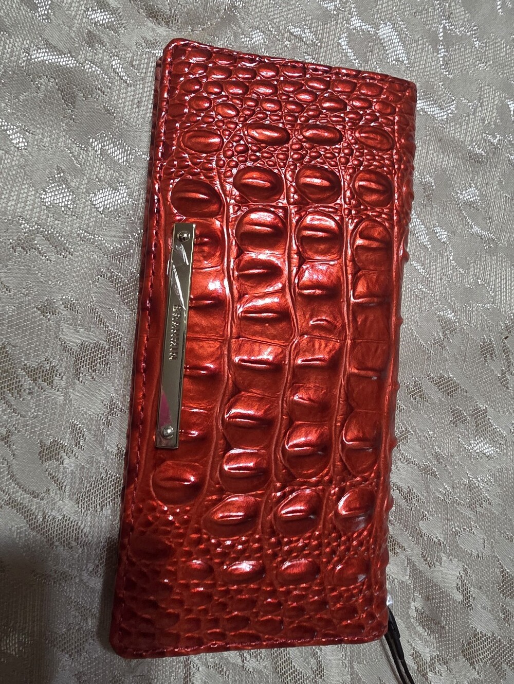 Brahmin Metallic Croc Embossed Red Long Wallet Leather Slim Designer Clutch - Picture 5 of 9